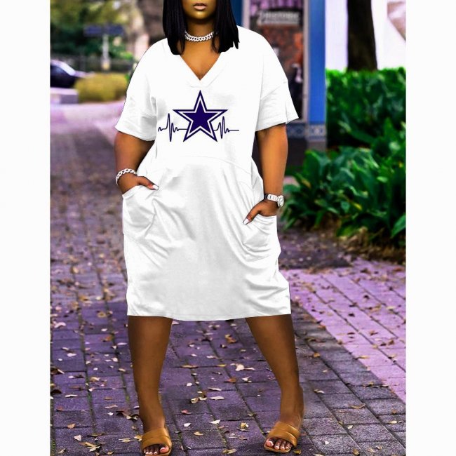 Dallas Cowboys Print Fashion Casual V Neck Short Sleeve Dress