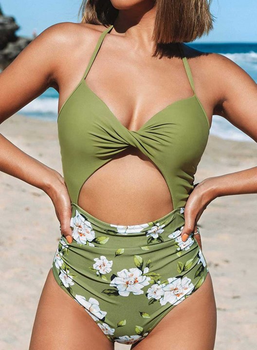 Women's One Piece Swimwear Floral Color Block Halter Vintage Open Back Cut Swimsuit