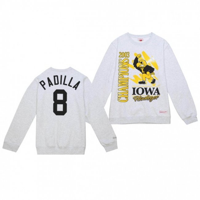 Alex Padilla Iowa Hawkeyes Sweatshirt #8 Retro Brush Crew White 2003 Champs