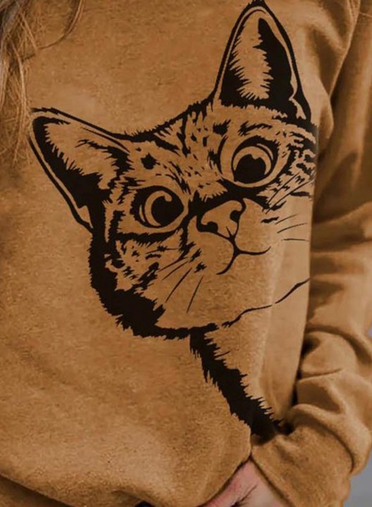 Solid Cat Print Round Neck Long Sleeve Sweatshirt