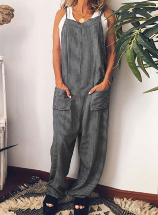 Women's Jumpsuits Straight Striped Solid High Waist Full Length Daily Boho Jumpsuits