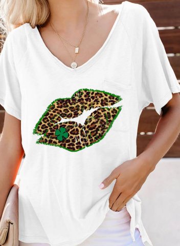 Women's T-shirts Leopard Lip Print Short Sleeve V Neck Daily T-shirt