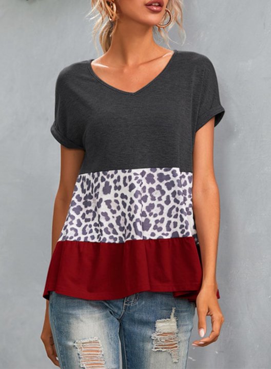 Women's T-shirts Letter Leopard Color Block V Neck Short Sleeve Casual Daily Ruffle T-shirts