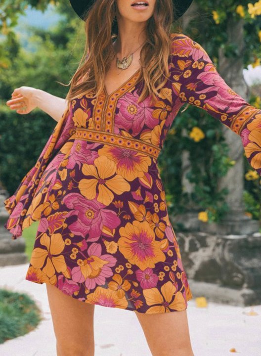 Women's Mini Dresses A-line Floral Long Sleeve V Neck Boho Vintage Mini Dress