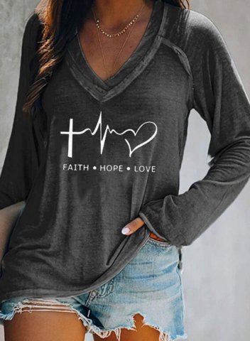 Women's Faith Hope Love & Heart Print Sweatshirts V Neck Long Sleeve Letter Casual Sweatshirts