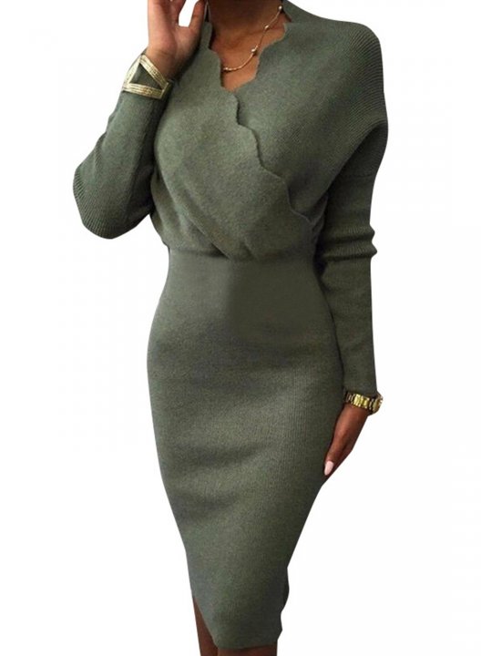 Women's Dress V Neck Long Sleeve High Waist Solid Knitted Bodycon Dress