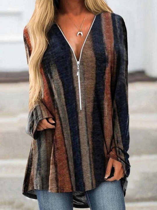 Women's Striped V-Neck Zipper Tunic Tops Long Sleeves Sweatshirt