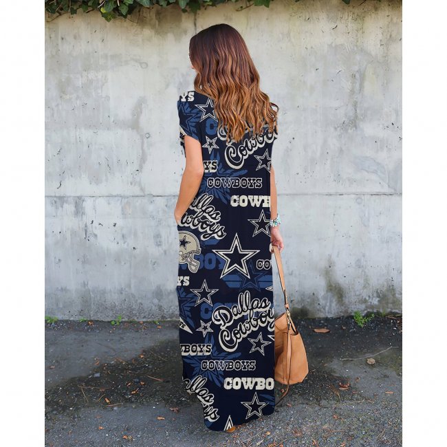 V-neck Cowboys Print Short-Sleeved Loose Long Dress