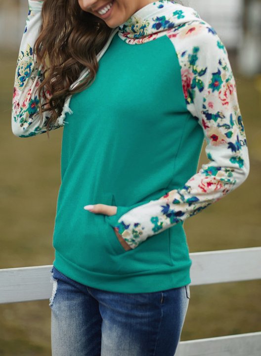 Women's Cowl Neck Hooded Floral Pocketed Sweatshirt