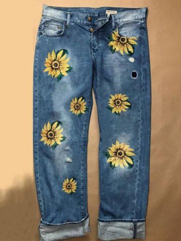 Sunflower Printed Button Loose Straight Wide Leg Denim