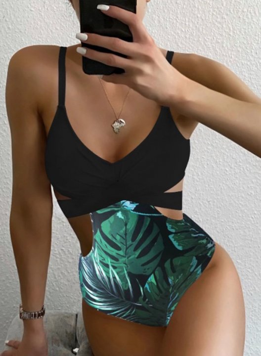 Women's One-Piece Swimsuits One-Piece Bathing Suits Open Back Cut Out Cold Shoulder Fruits & Plants V Neck Boho One-Piece Swimsuit