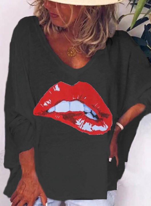 Solid 3/4 Sleeve V Neck Lips Print Loose Sweatshirt