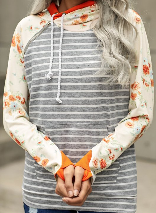 Orange Floral Print Casual Hoodie