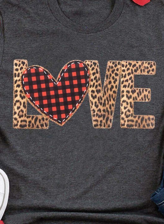 Women's T-shirts Letter Love Print Leopard Plaid Short Sleeve Round Neck Daily T-shirt