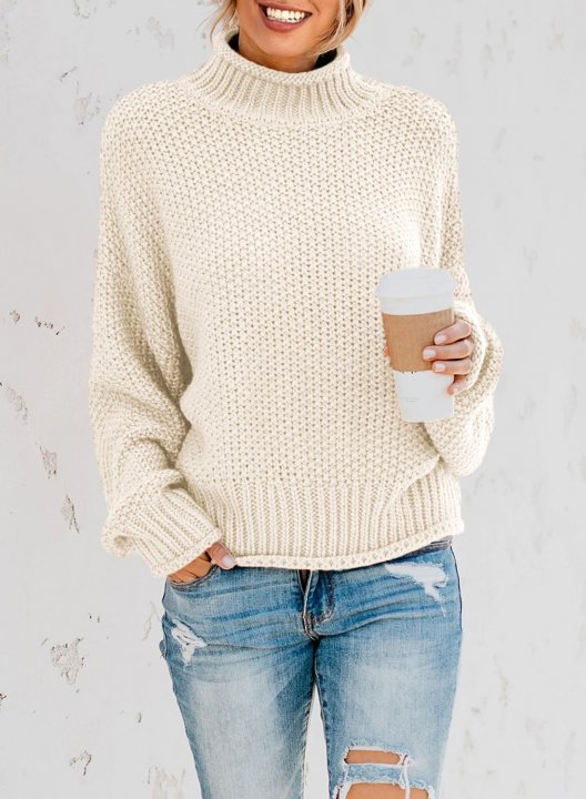 Women's Sweaters High Collar Solid Color Knit Pullover Sweaters