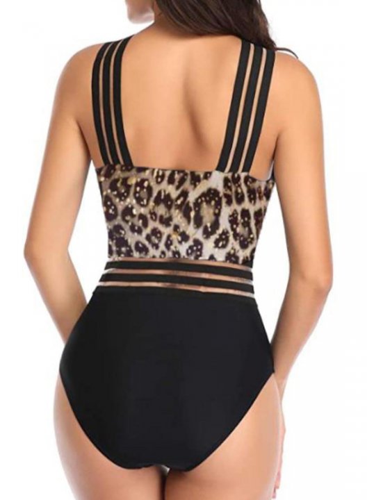 Women's One Piece Swimwear Color Block Leopard Mesh One-shoulder One-Piece Swimsuit