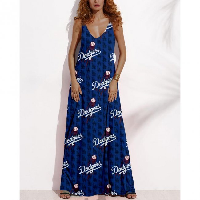 Women's Summer LOS ANGELES DODGERS Fan Print V-Neck Sleeveless Loose Long A-line Dress