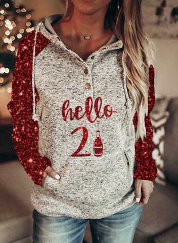Women's Hello 2021 Sequin Hoodies Drawstring Long Sleeve Color Block Sequin Button Letter Casual Hoodies With Pockets