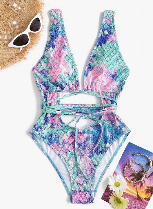 Women's One Piece Swimwear Multicolor Spaghetti Drawstring One-Piece Swimsuits One-Piece Bathing Suits