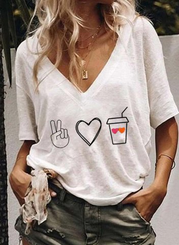 Women's Graphic T-shirts Heart-shaped Solid V Neck Short Sleeve Daily Casual T-shirts