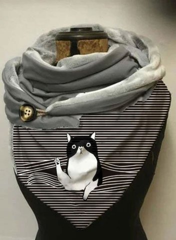 Women's Scarves Classic Cat Print Striped Button Warm Scarf