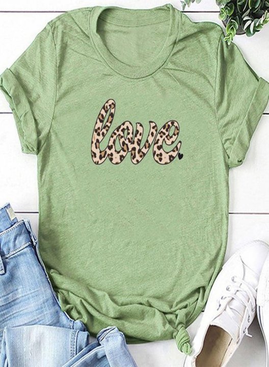 Women's T-shirts Letter Love Leopard Round Neck Short Sleeve Daily Casual T-shirts