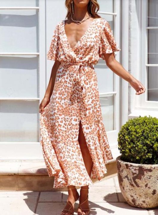 Women's Maxi Dress Leopard Color Block V Neck Criss Cross Half Sleeve Summer Vacation Beach Maxi Dress