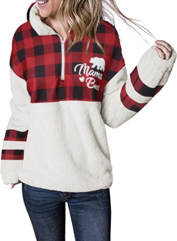 Women's Christmas Mama Bear Sweatshirts Plaid Long Sleeve Zip Stand Neck Sweatshirt