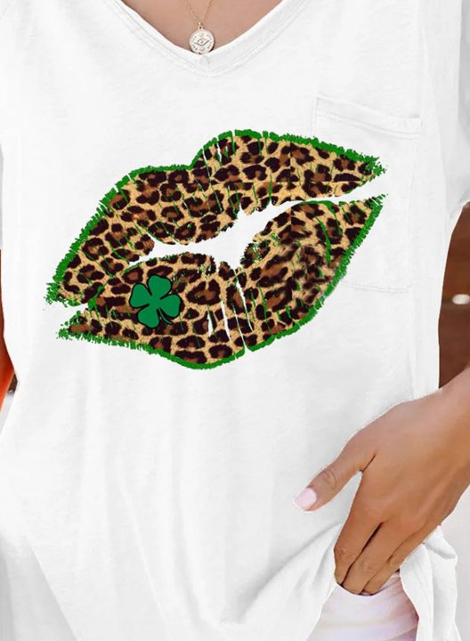 Women's T-shirts Leopard Lip Print Short Sleeve V Neck Daily T-shirt