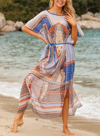 Women's Maxi Dress Geometric Color Block Round Neck Shift Belt Short Sleeve Summer Beach Maxi Dress