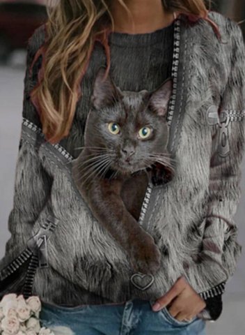 Women's Cat Print Sweatshirts Round Neck Long Sleeve Animal Print Daily Casual Sweatshirts