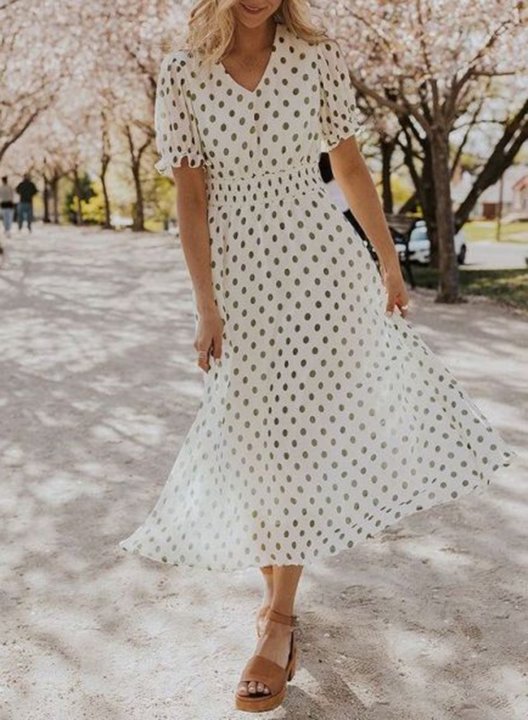 Women's Midi Dresses Polka Dot Short Sleeve V Neck Dress