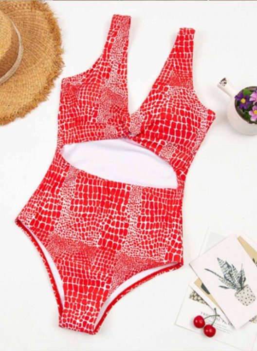 Women's One Piece Swimwear Animal Print V Neck Half Sleeve Twisted Vintage One-Piece Swimsuits One-Piece Bathing Suits