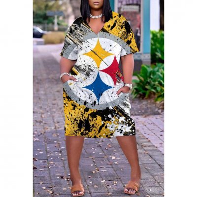 Pittsburgh Steelers Print Fashion Casual V Neck Short Sleeve Dress