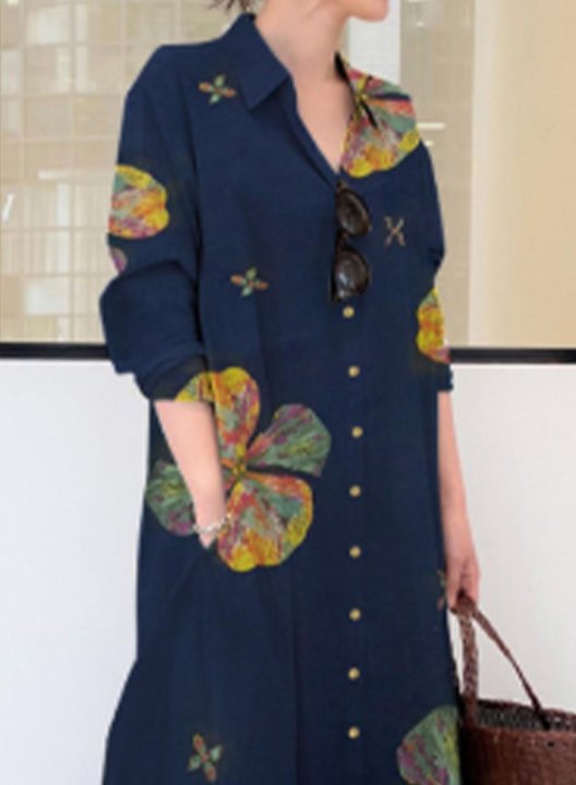 Women's Maxi Dresses Floral Long Sleeve Fit & Flare Turn Down Collar Casual Vintage Maxi Dress