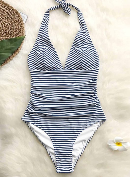 Women's One-Piece Swimsuits One-Piece Bathing Suits Striped Knot V Neck Casual One-Piece Swimsuits One-Piece Bathing Suits