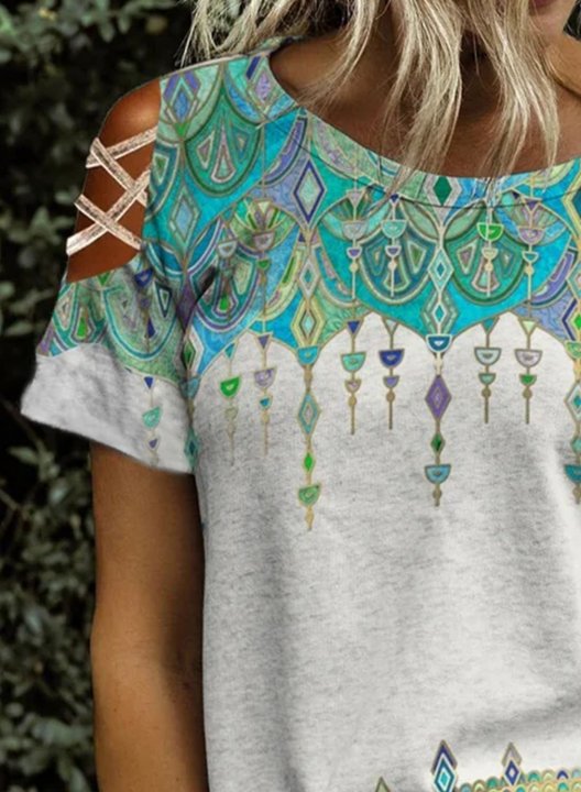 Women's T-shirts Tribal Cold Shoulder Short Sleeve Round Neck Casual Daily T-shirts