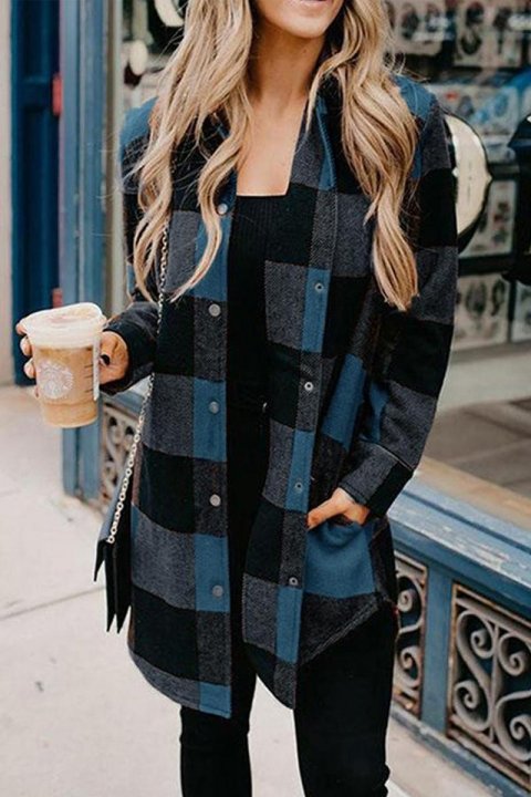 Buttons Up Plaid Print Long Coat