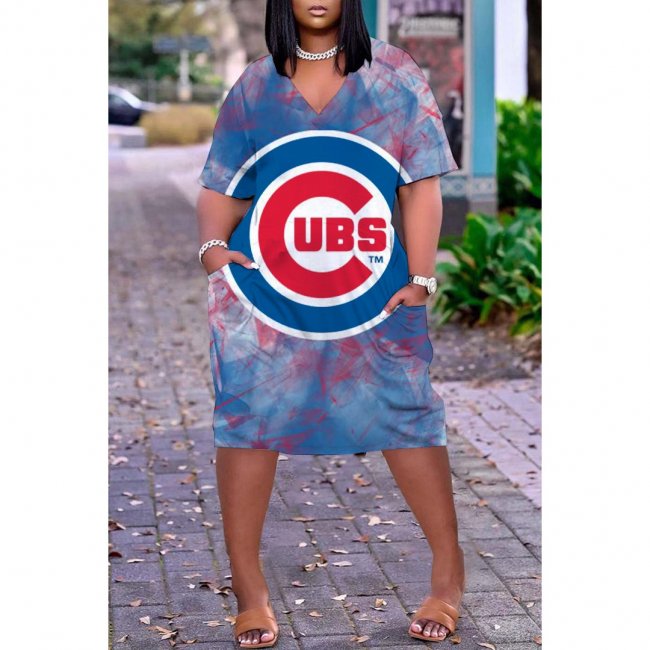 Women's Chicago Cubs Printed V-neck Casual Pocket Dress