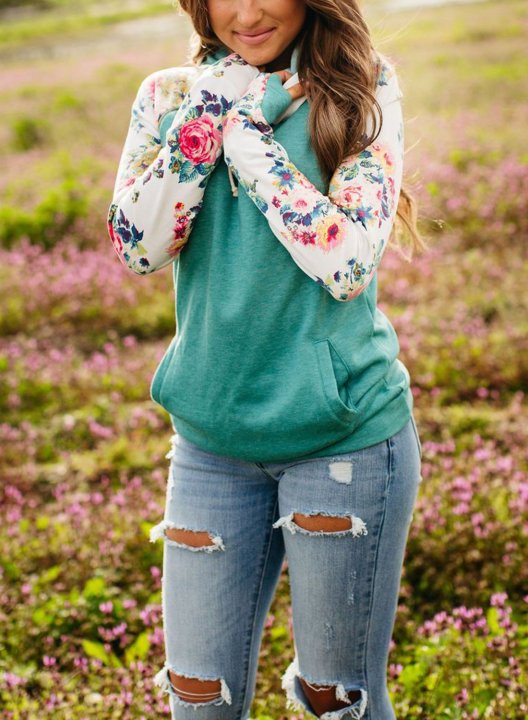 Women's Cowl Neck Hooded Floral Pocketed Sweatshirt