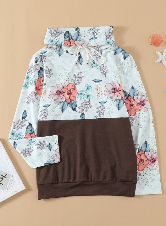 Color Block Long Sleeve High Neck Floral Sweatshirt