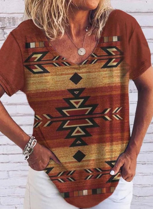 Women's T-shirts Tribal V Neck Short Sleeve Summer Boho Vintage Daily T-shirts