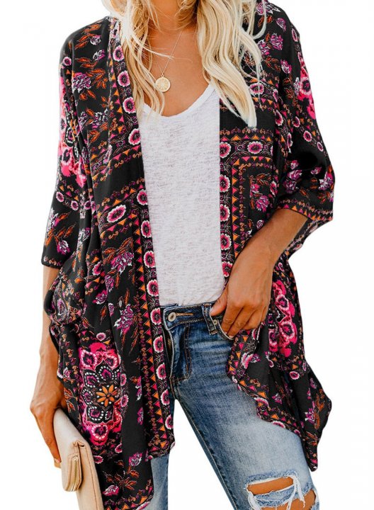 Women's Cover-ups Multicolor 3/4 Sleeve V Neck Sun protection Open Front Beach Tunic Cover-up