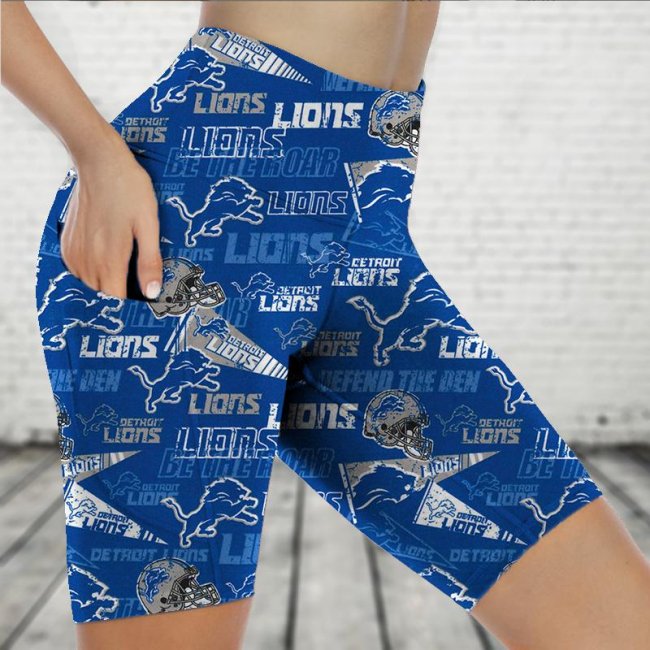 DETROIT LIONS Fitness Running Side Pocket Shorts Tight-Fitting High-Waist Yoga Pants