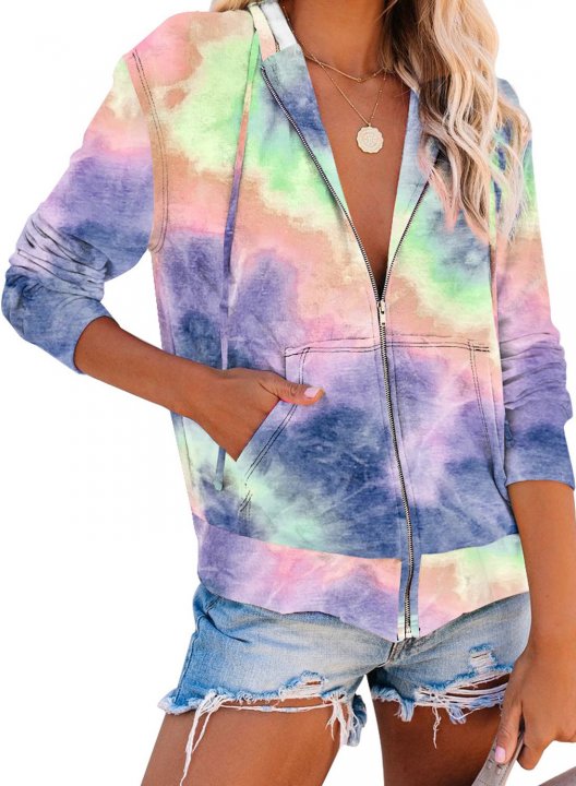 Women Tie-dye Hoodie zip up Sweatshirt Jacket