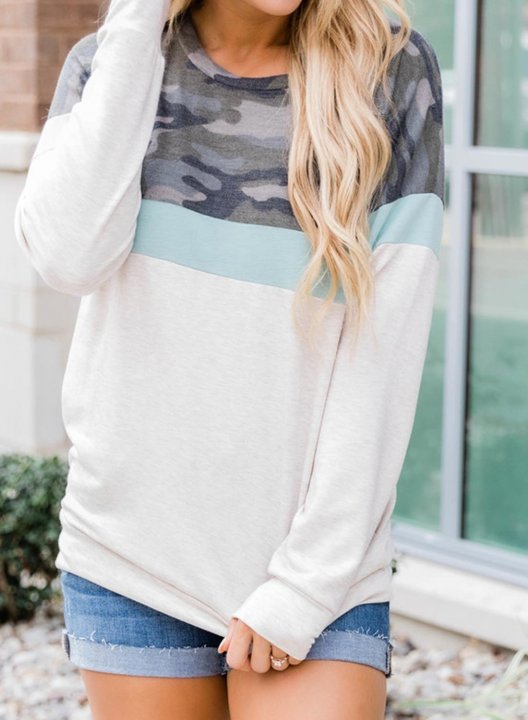 Camouflage/Color Block Long Sleeve Round Neck Basic Sweatshirt