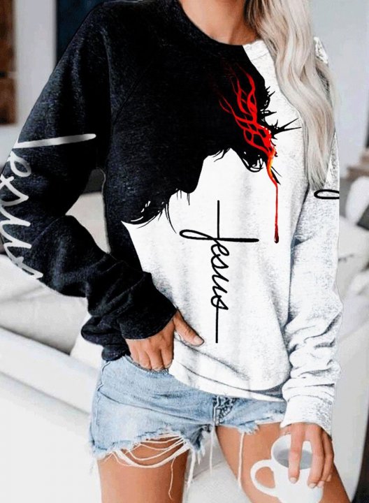 Women's Sweatshirts Letter Color Block Portrait Print Long Sleeve Round Neck Sweatshirt