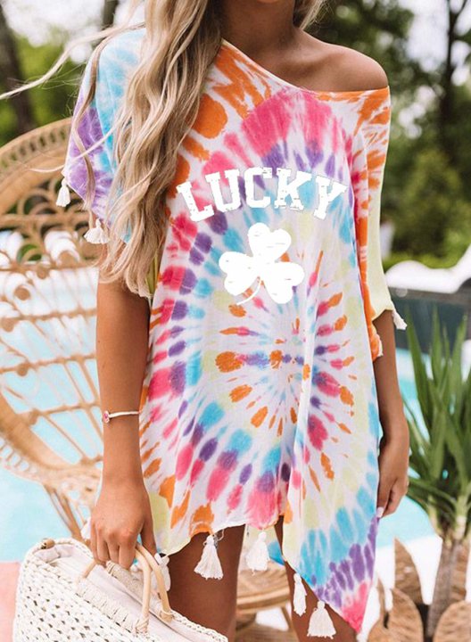 Women's Swimwear Cover Ups Letter Shamrock Print Tie dye Asymmetrical Short Sleeve Beach Cover Ups