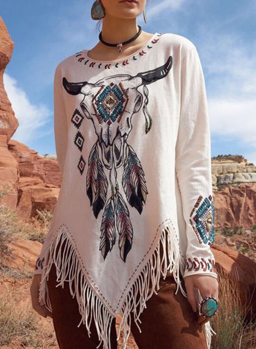 Women's Tunic Tops Tribal Color-block Long Sleeve Round Neck Fringe Tassels Tunic Top