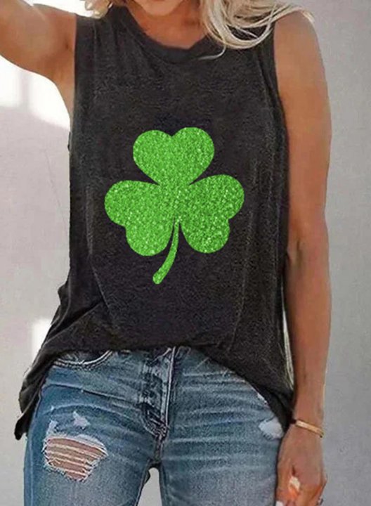 Women's Tank Tops Solid Casual Sequin Four leaf Shamrock Sleeveless Round Neck Tops